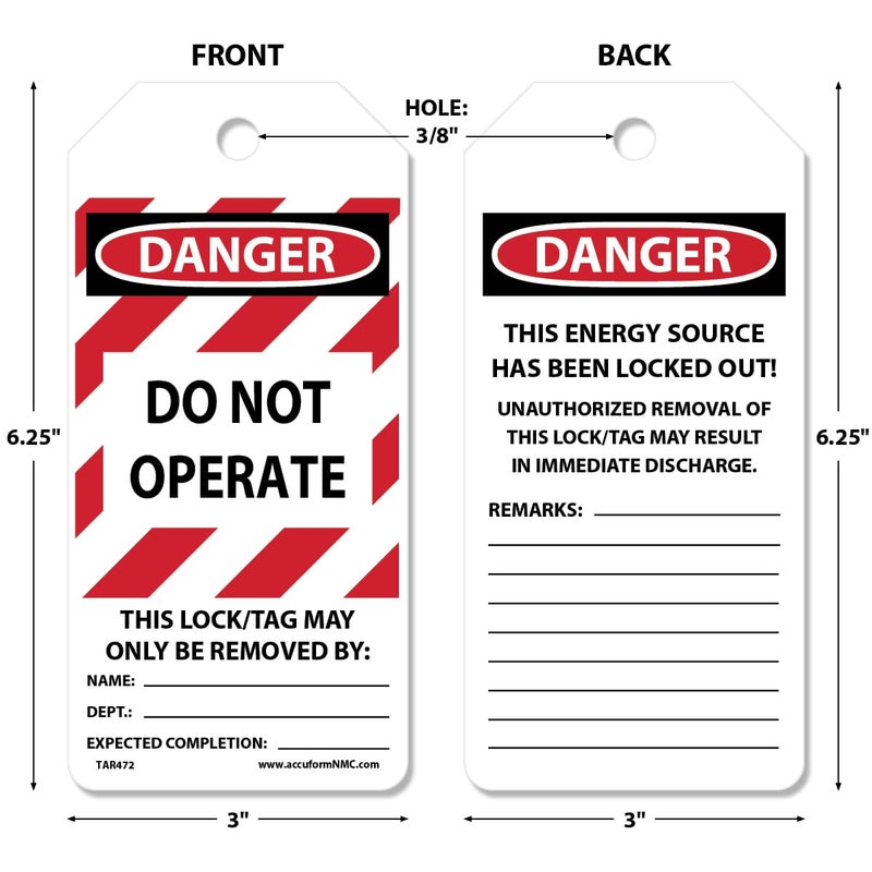 AccuformNMC 250 Lockout Tags by-The-Roll, Danger Do Not Operate Equipment Locked Out by, US Made OSHA Compliant Tags, Waterproof PF-Cardstock, Resists Tears, 6.25"x3", TAR472 - Image 2
